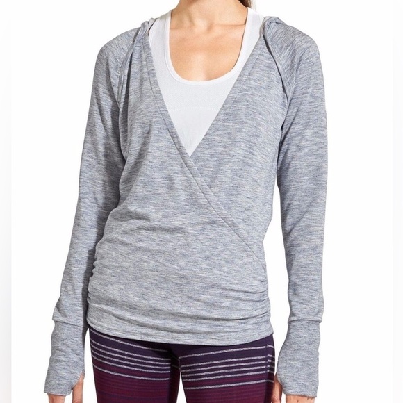 Athleta Womn XS Light Navy Blue Heather Lightweight Knit Faux Wrap Studio Hoodie - Picture 1 of 11